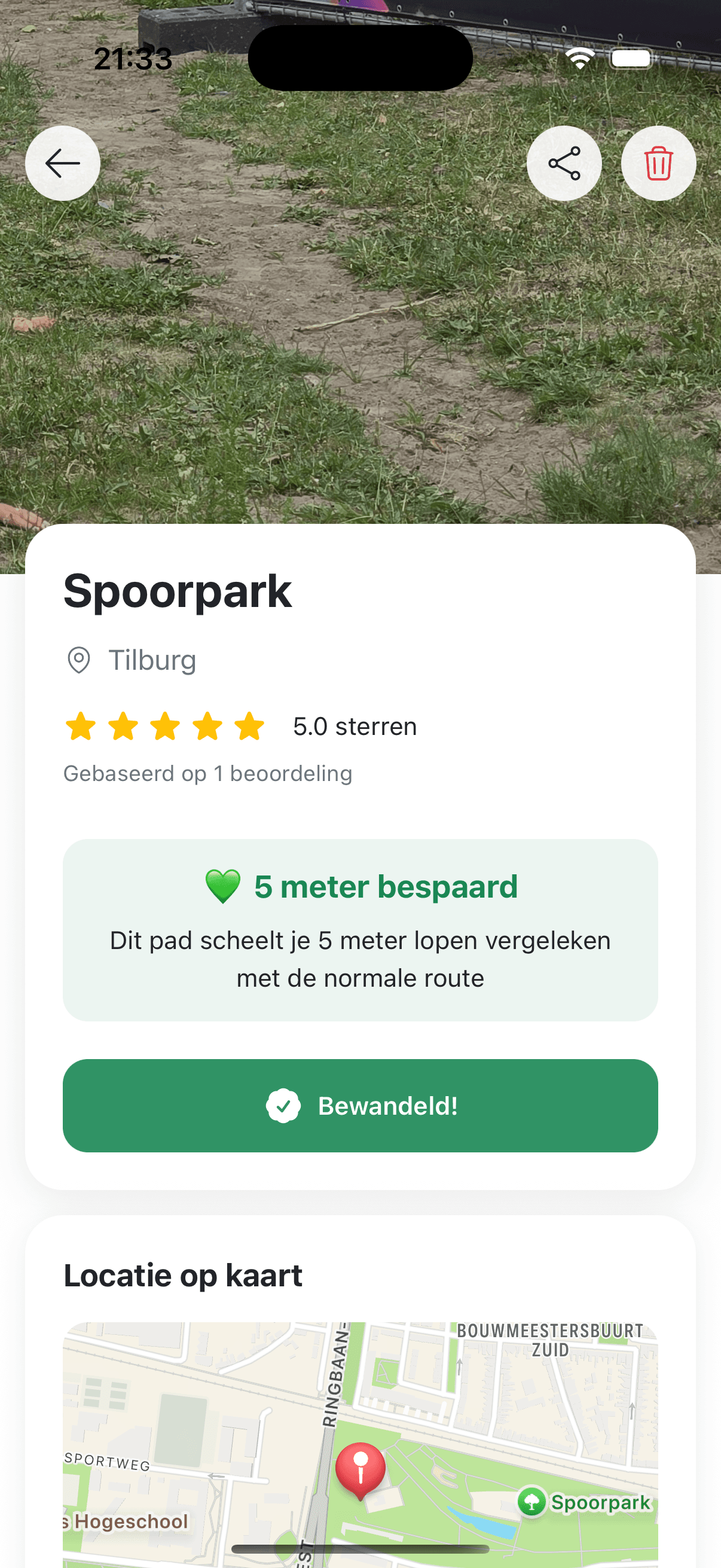 Detailpagina van een paadje in het Spoorpark in Tilburg, met foto, beoordeling en de afstand die het scheelt.